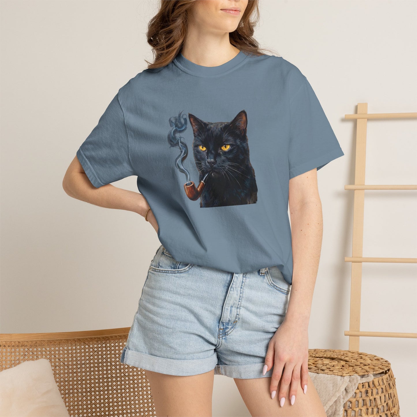 Smoking Cat Graphic T-Shirt — Retro Black Cat with Pipe Tee