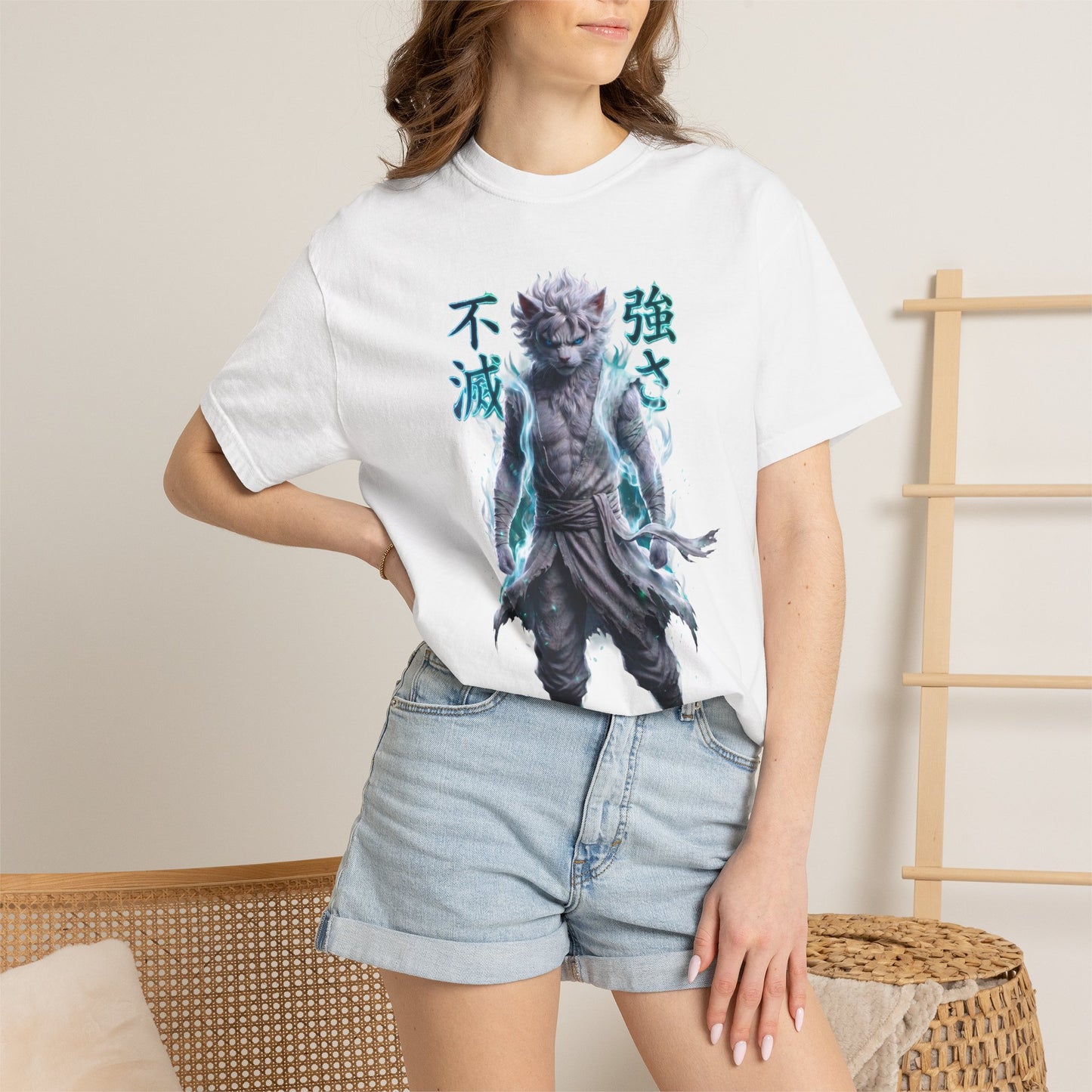 Y2K Cyberpunk Graphic Tee White Silver Cat Warrior Unisex Harajuku Style Streetwear Comfort Colors 1717 T-Shirt
