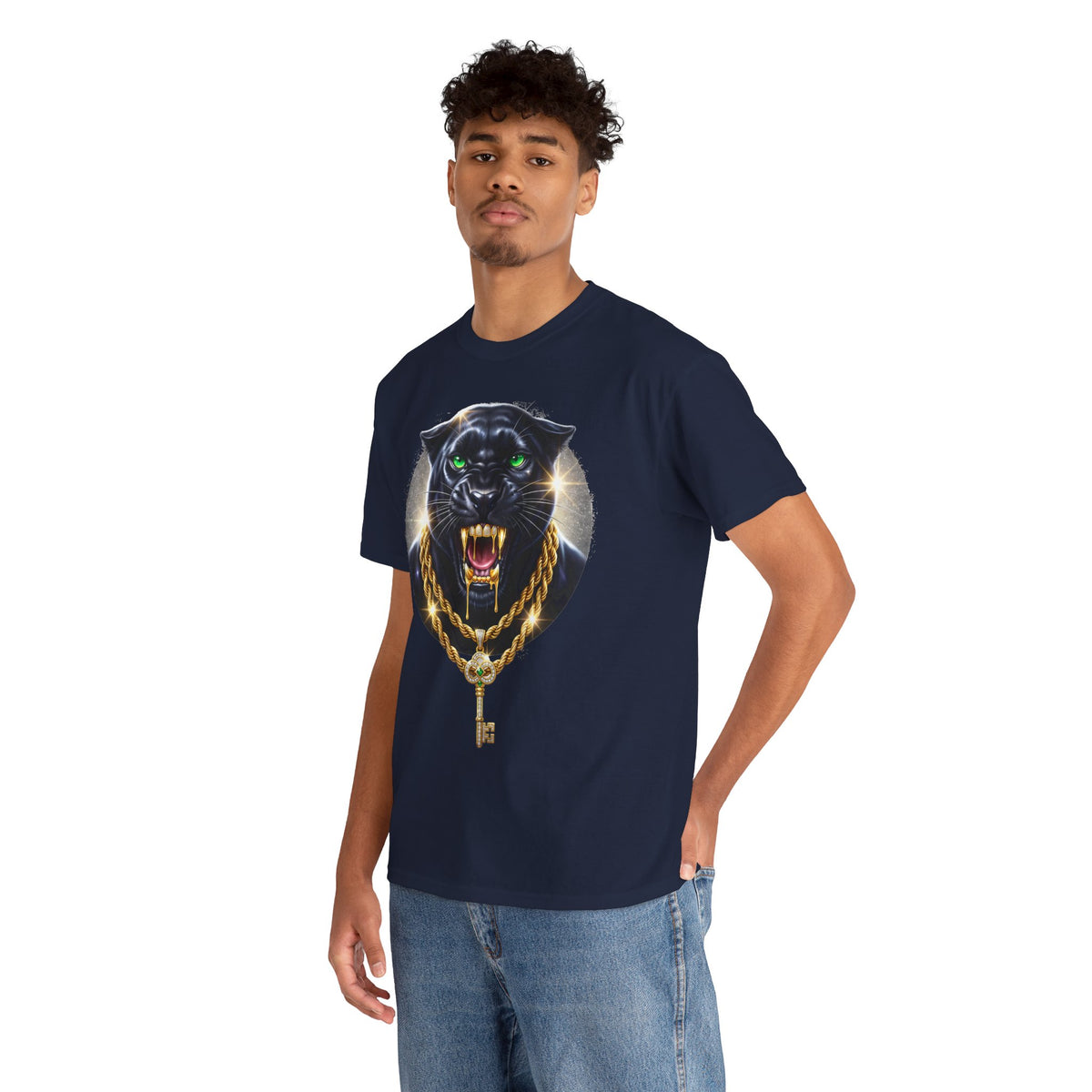 Luxury Black Panther Graphic Tee with Gold Chains & Key