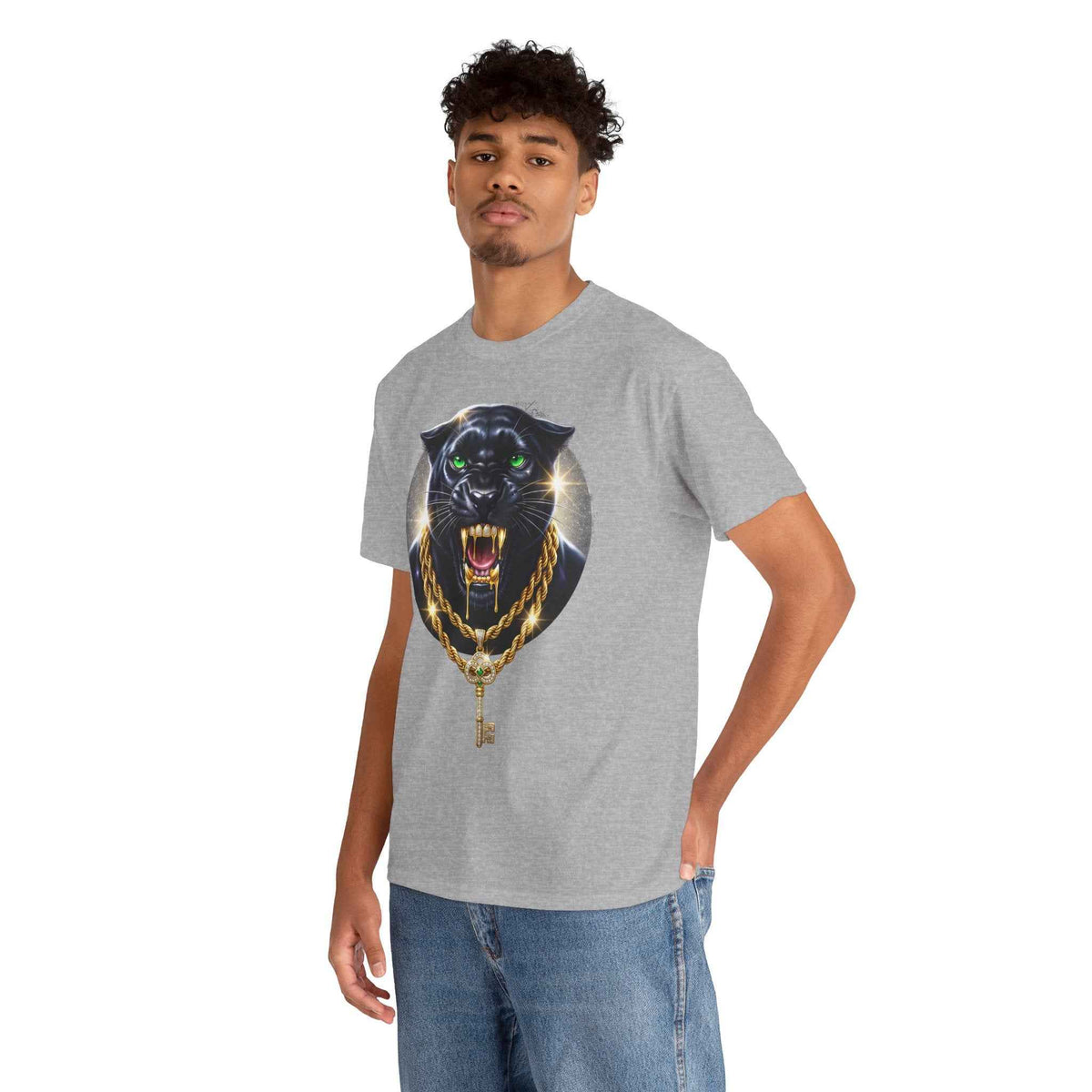 Luxury Black Panther Graphic Tee with Gold Chains & Key