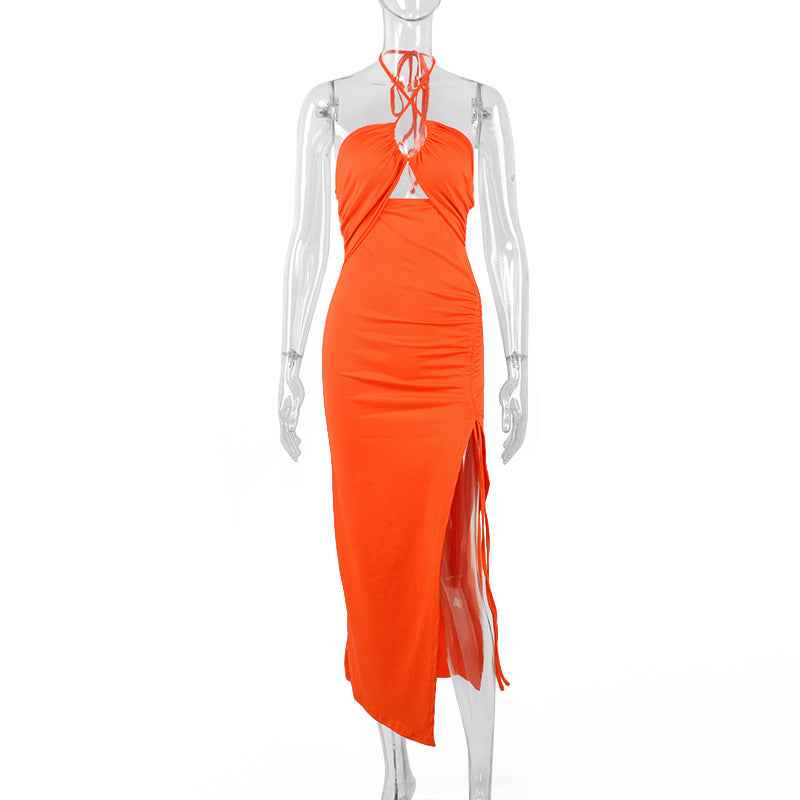 Halterneck Lace-Up Split Dress - Y2K Party Style