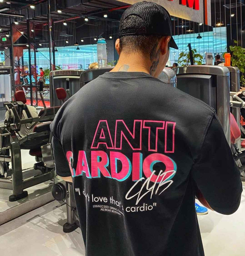 Anti Cardio Gym Graphic Tee - Heavyweight Cotton Half Sleeve Relaxed Fit Streetwear Workout T-Shirt