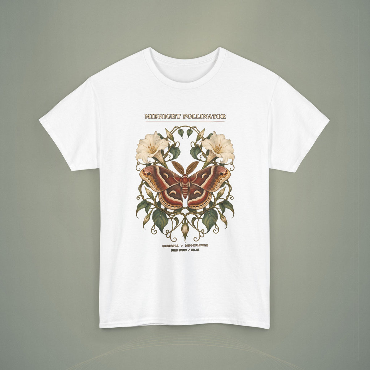 Midnight Pollinator Cecropia Moth & Moonflower Graphic Tee | Vintage Botanical Night Garden Shirt