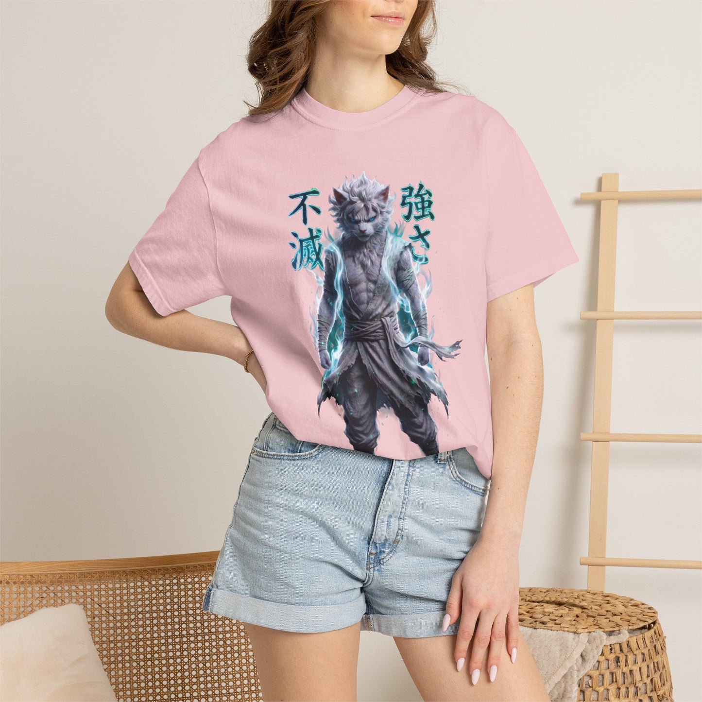 Y2K Cyberpunk Graphic Tee White Silver Cat Warrior Unisex Harajuku Style Streetwear Comfort Colors 1717 T-Shirt