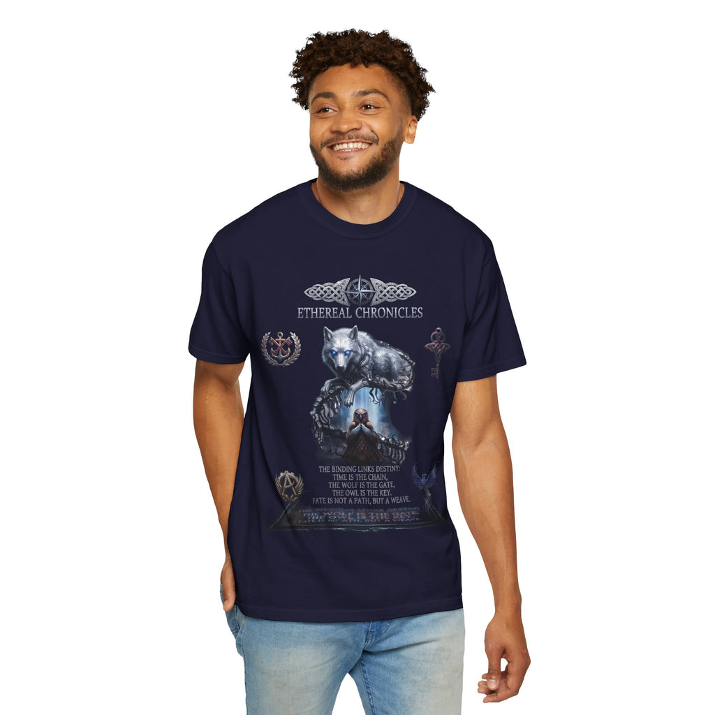 Mythical Wolf & Celestial Owl Graphic Tee, Dark Gothic Heavyweight Unisex