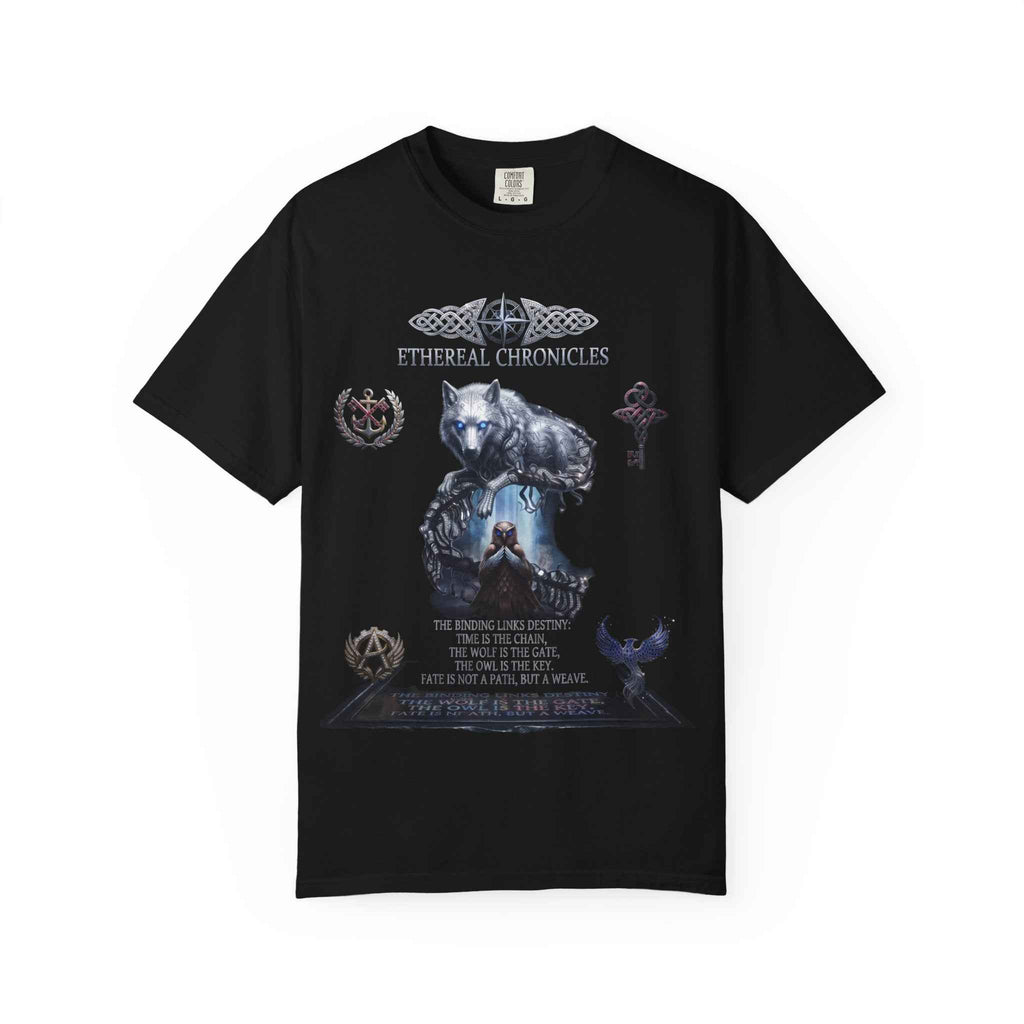 Mythical Wolf & Celestial Owl Graphic Tee, Dark Gothic Heavyweight Unisex