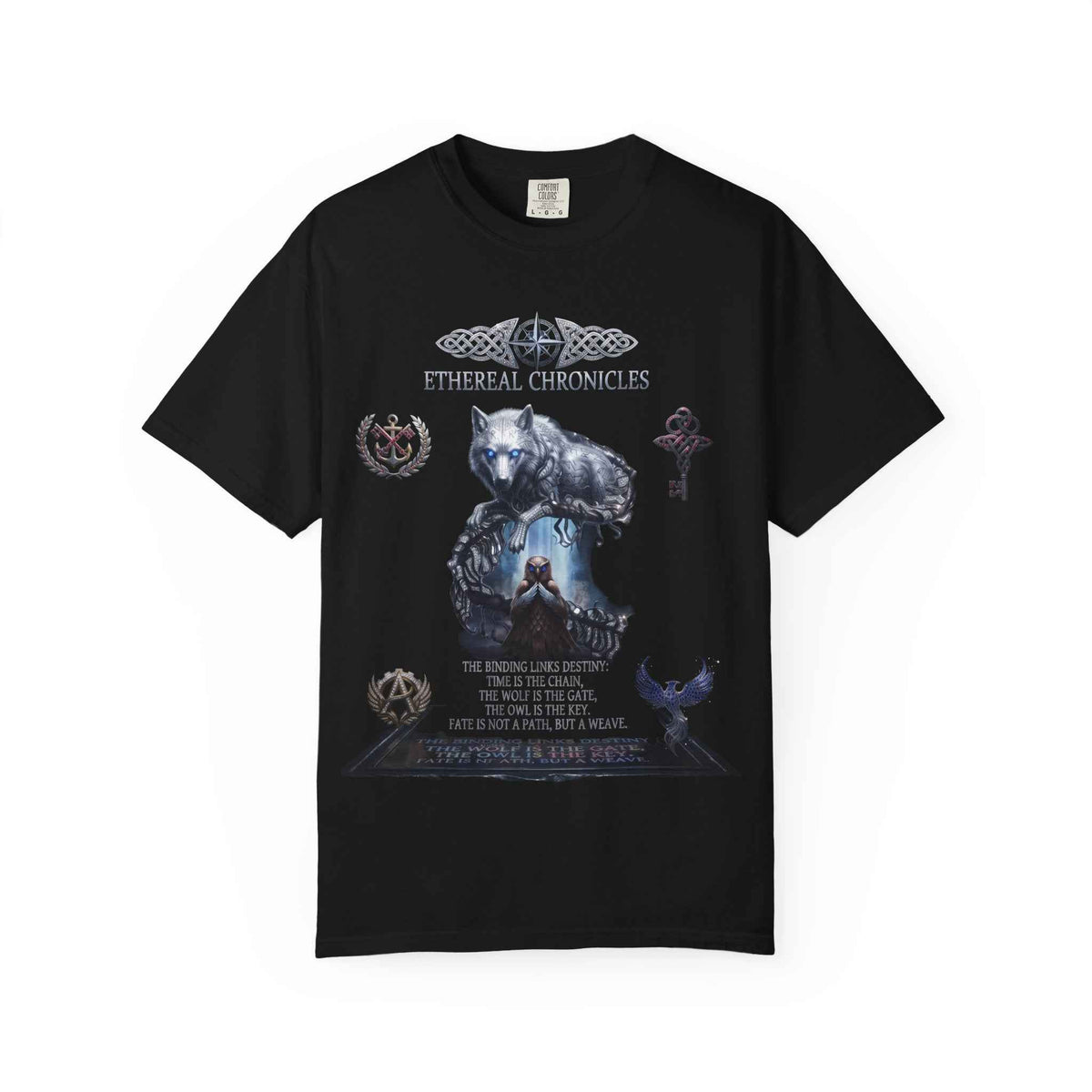 Mythical Wolf & Celestial Owl Graphic Tee, Dark Gothic Heavyweight Unisex
