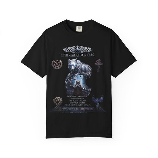 Ethereal Chronicles Graphic Tee | Mythical Wolf & Celestial Owl Shirts for Men & Women | Dark Fantasy Gothic Aesthetics Heavyweight Comfort Colors 1717 T-Shirt