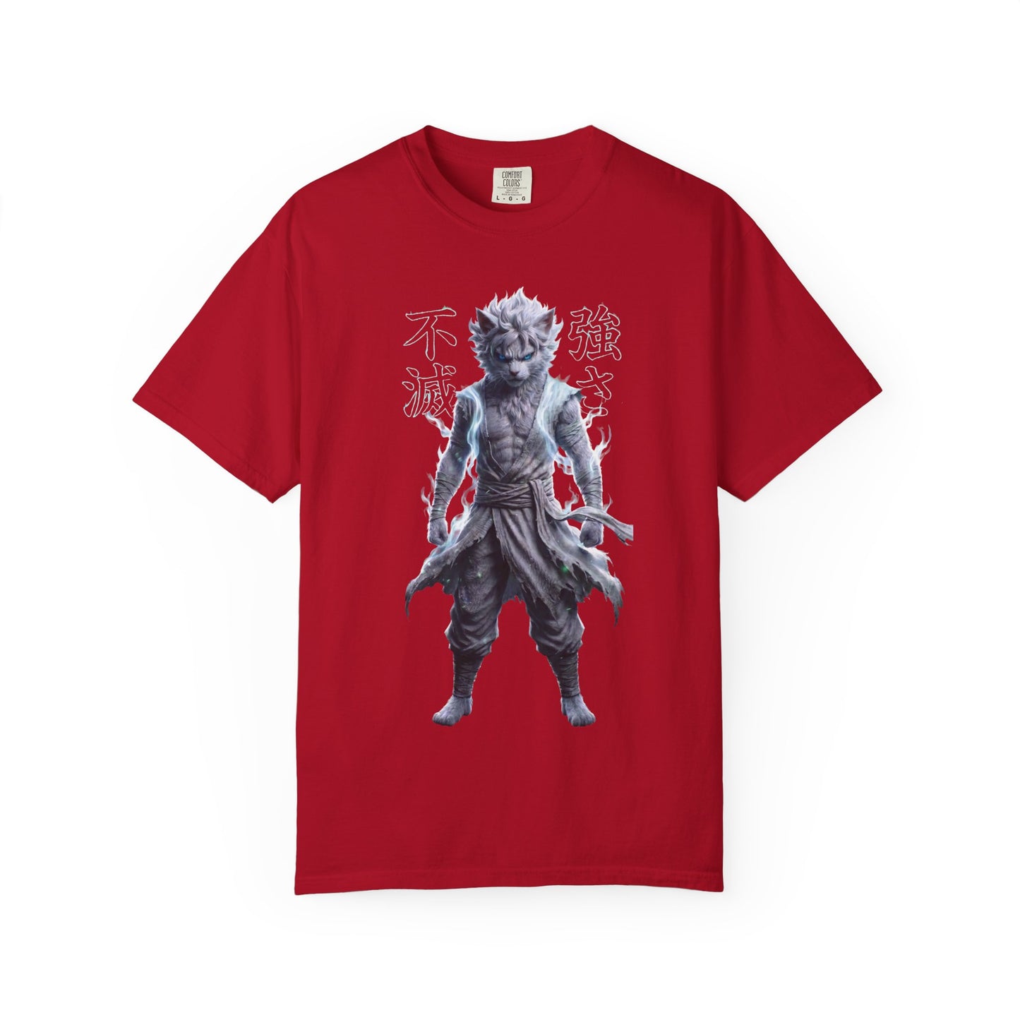 Y2K Cyberpunk Graphic Tee White Silver Cat Warrior Unisex Harajuku Style Streetwear Comfort Colors 1717 T-Shirt
