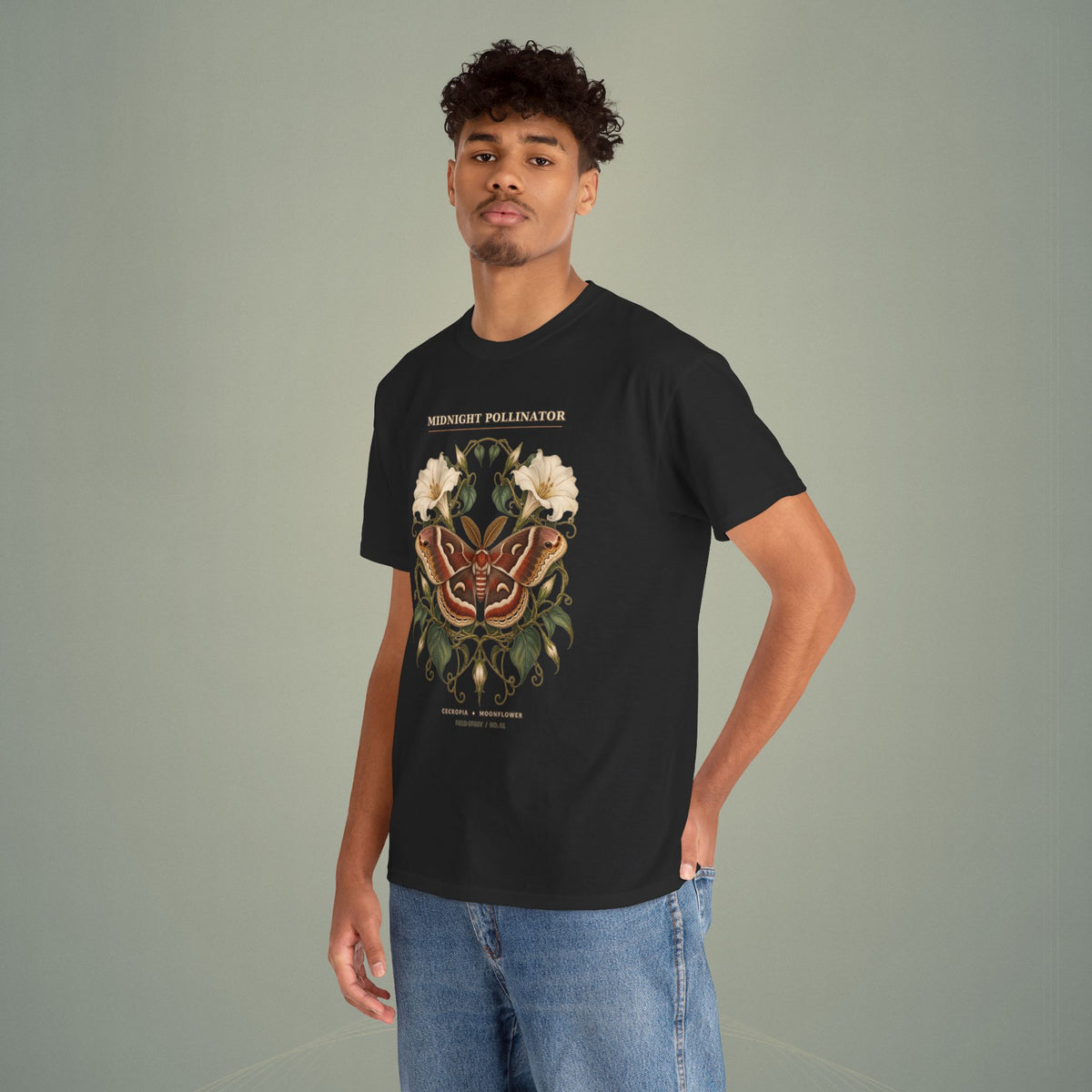 Midnight Pollinator Cecropia Moth & Moonflower Graphic Tee | Vintage Botanical Night Garden Shirt