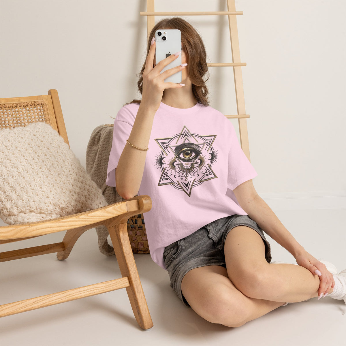 T-Shirt mit mystischem Auge und heiliger Geometrie – Schwerer Baumwoll-Streetwear