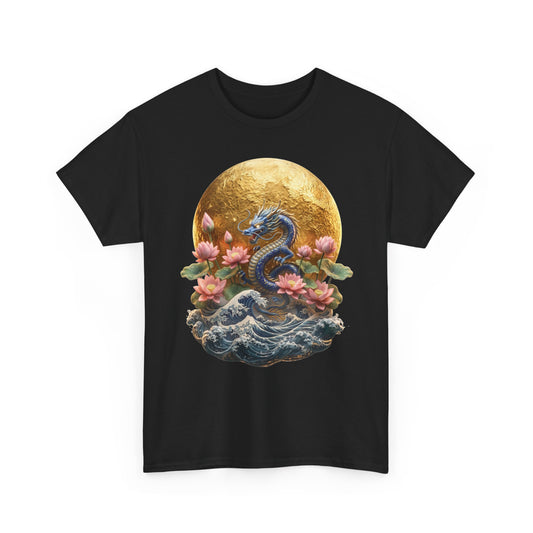 Japanischer Drache & Lotusmond Grafik-T-Shirt – Schweres Baumwoll-Streetwear