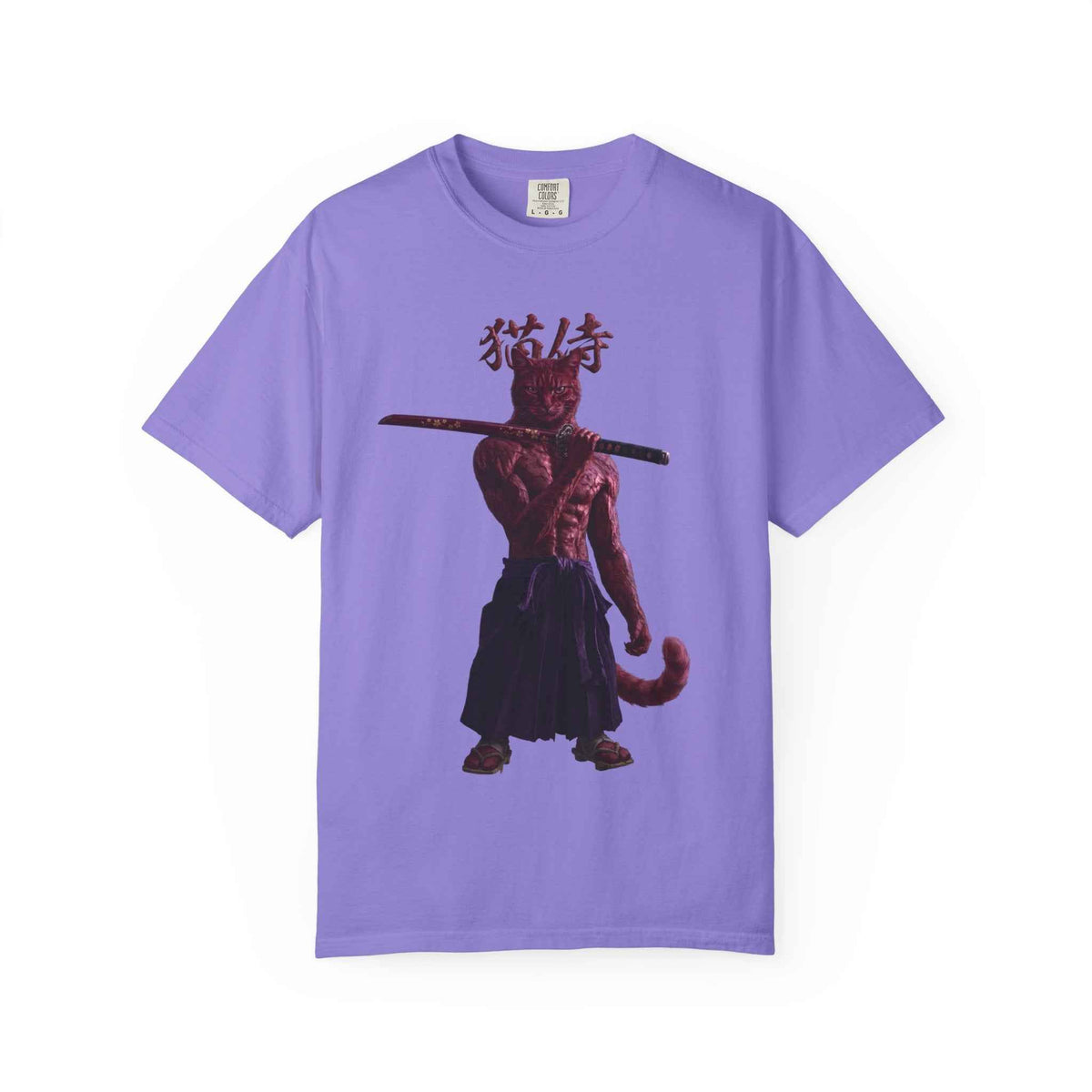 Heavyweight Vintage Red Samurai Cat Tee - Boxy Graphic Tee for Dark Aesthetic Fans