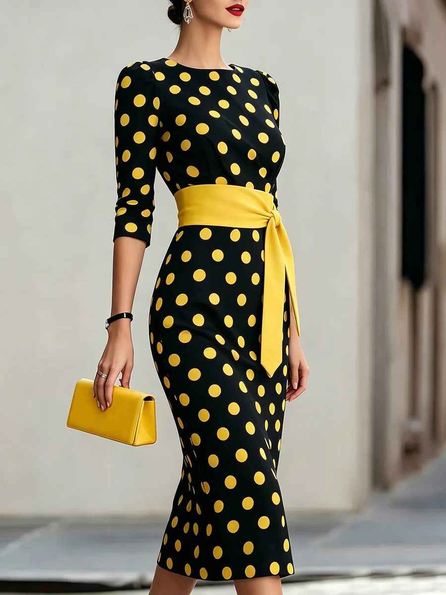 Elegant Polka Dot Midi Dress with Waist Belt - Formal & Office Wear