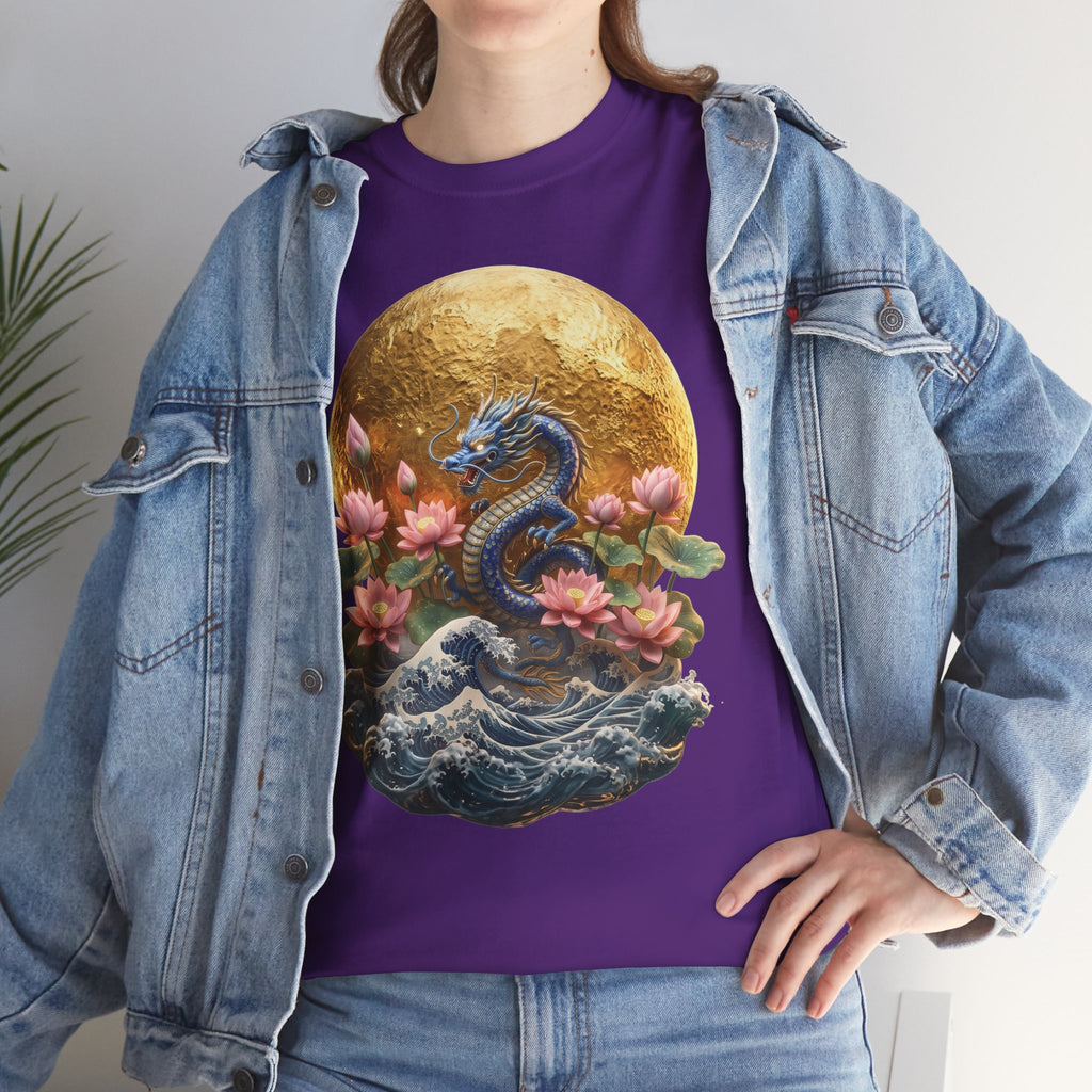 Japanese Dragon & Lotus Moon Graphic Tee - Heavy Cotton Streetwear