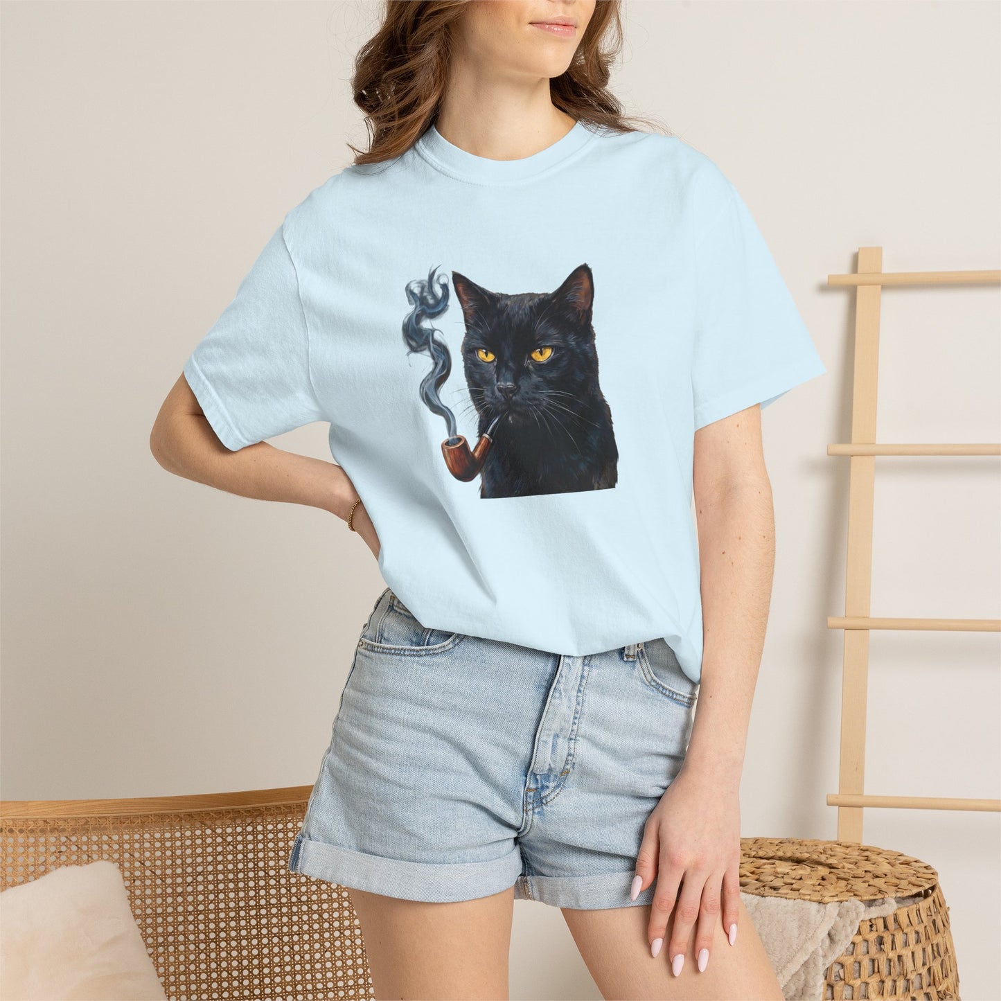 Smoking Cat Graphic T-Shirt — Retro Black Cat with Pipe Tee