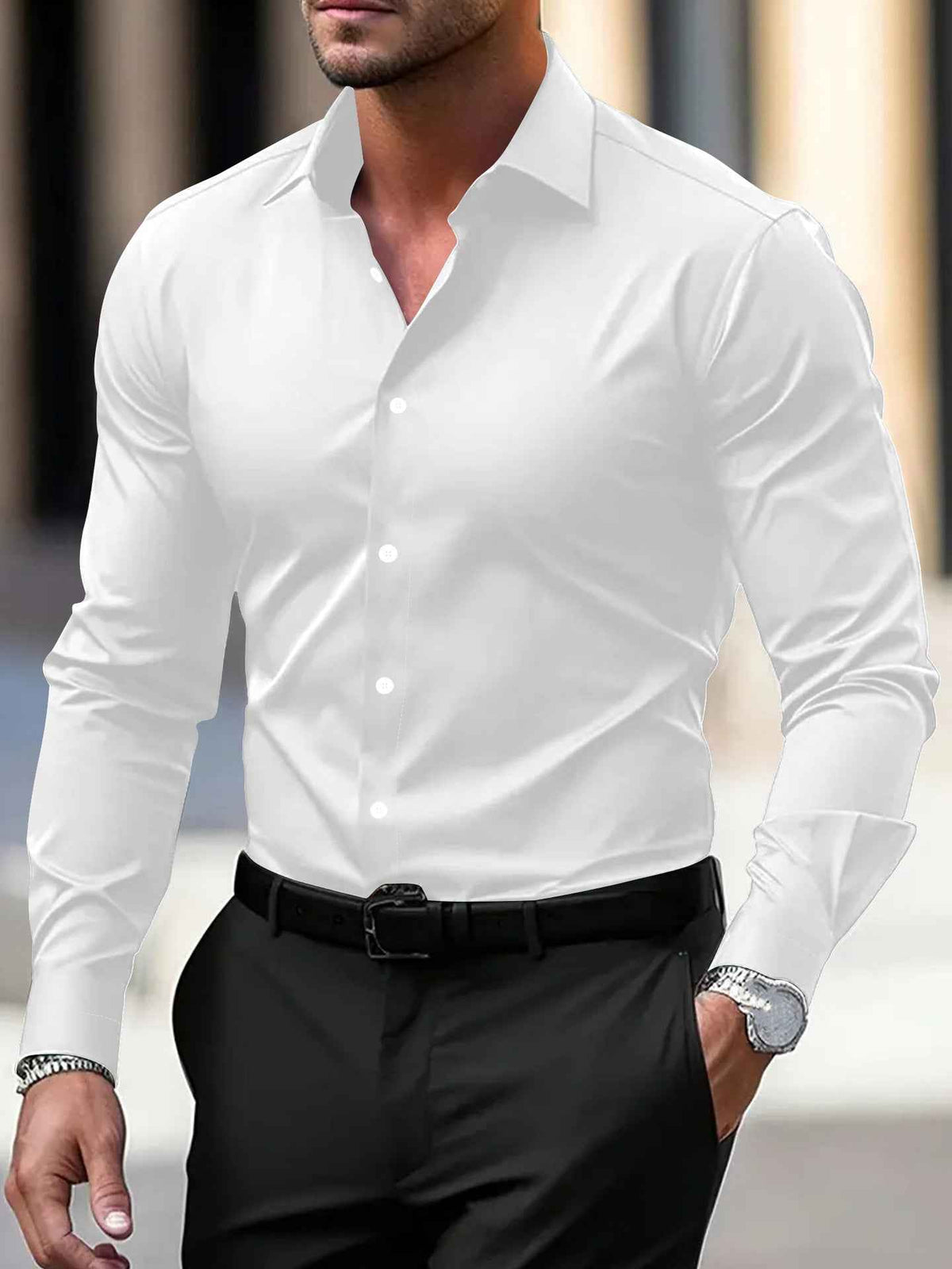 Men's Business Button-Down Shirt - Summer Solid Color Lapel Style