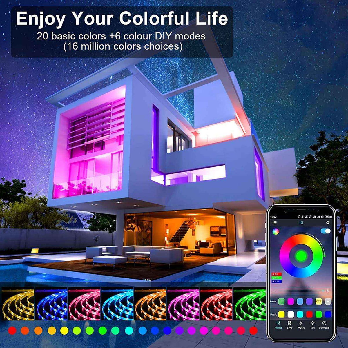 Intelligent RGB LED Strip Light - Bluetooth Sync, 16M Colors, App Control