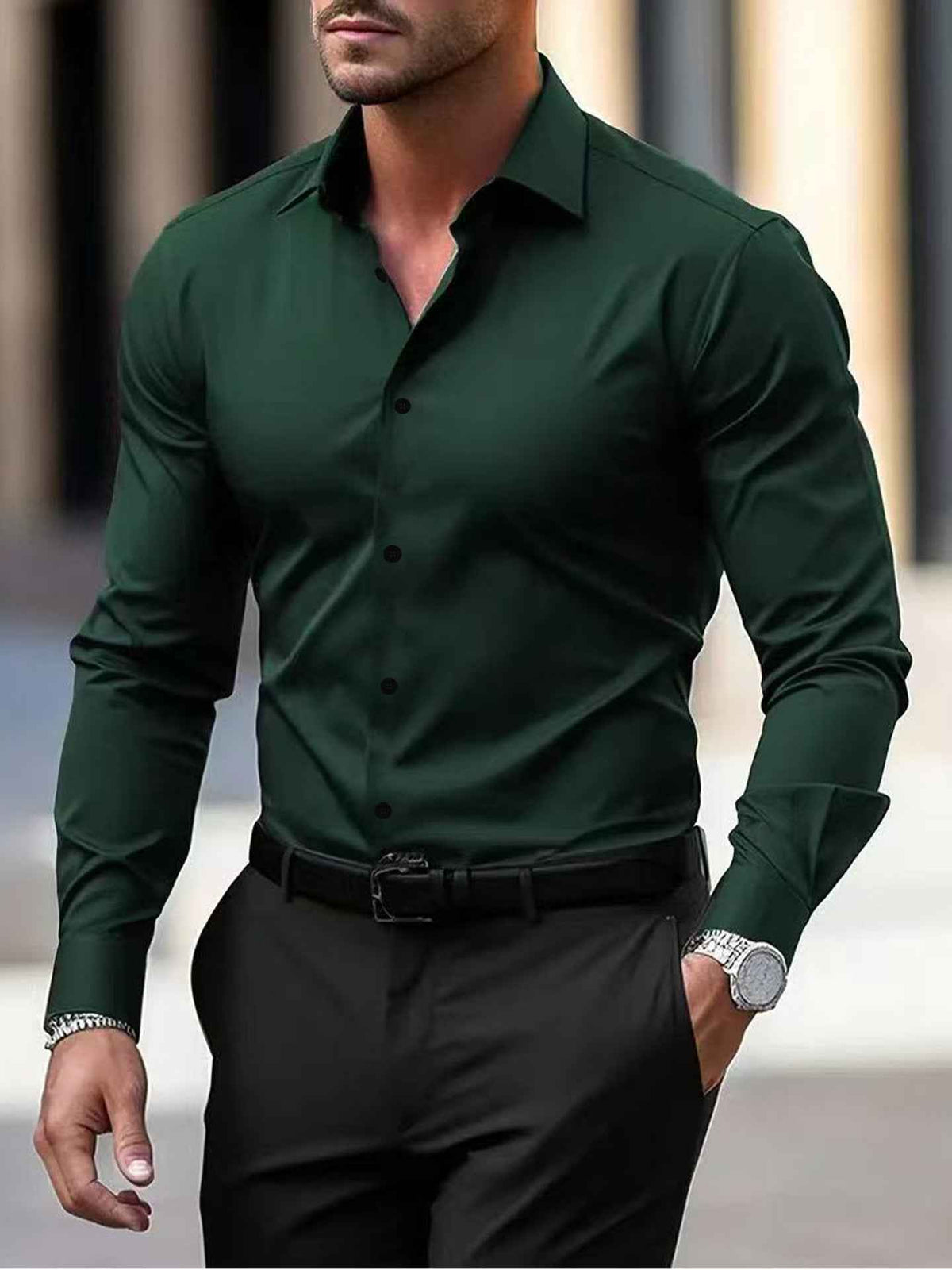 Men's Business Button-Down Shirt - Summer Solid Color Lapel Style