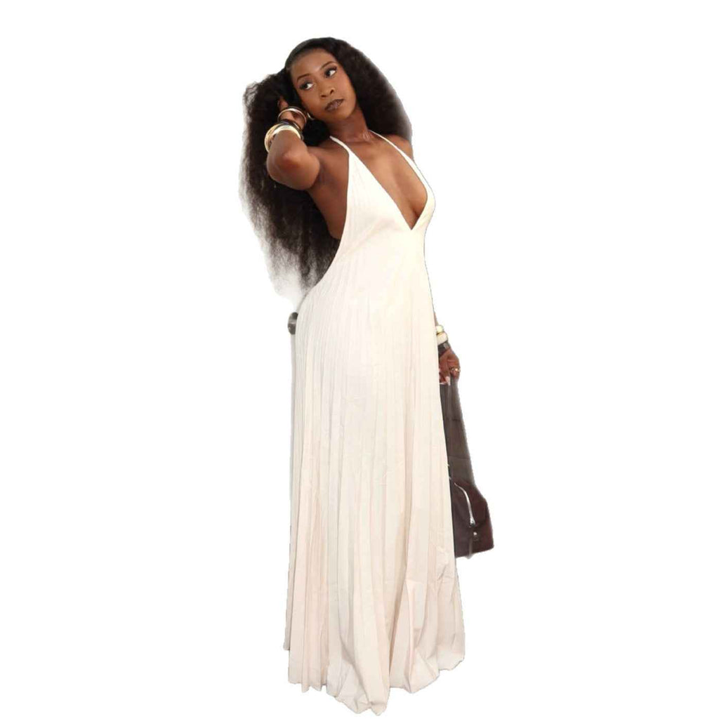 Elegant V-Neck Halter Maxi Slip Dress Ivory White