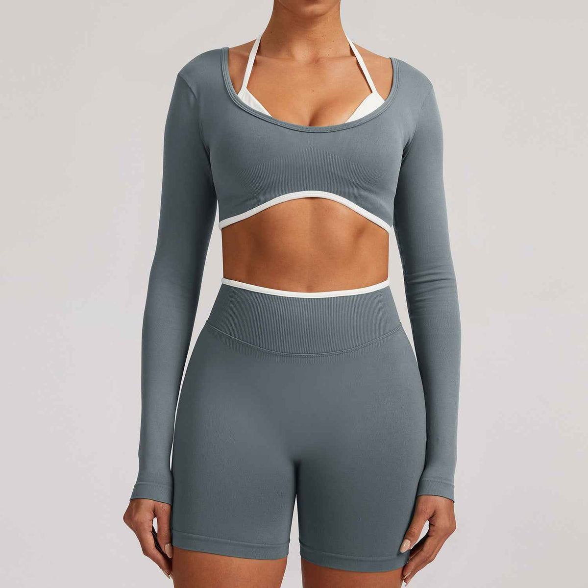Cross-border Tight-fitting Seamless Faux Two-piece Long-sleeve Sports Top