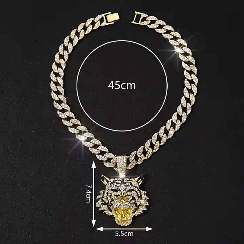 3D Diamond Tiger Head Football Pendant Necklace - Zinc Alloy Chain 13mm