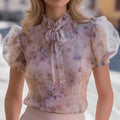 Floral Chiffon Blouse with Lace Trim - Women's Sweet Style Summer Top