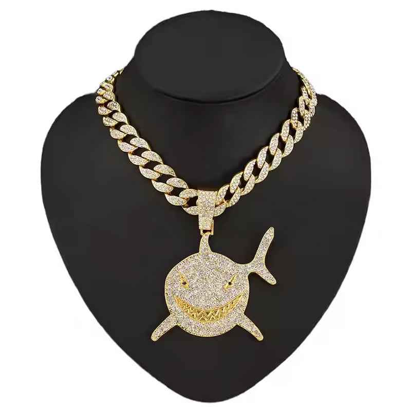 3D Diamond Football & Shark Pendant Necklace - Gold Zinc Alloy Cubic Zirconia