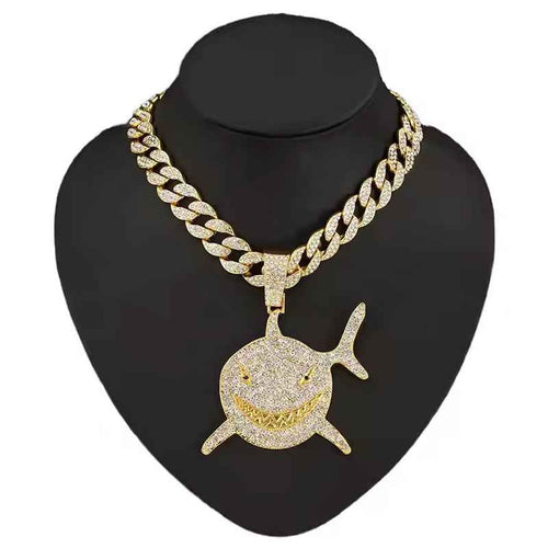 3D Diamond Football & Shark Pendant Necklace - Gold Zinc Alloy Cubic Zirconia