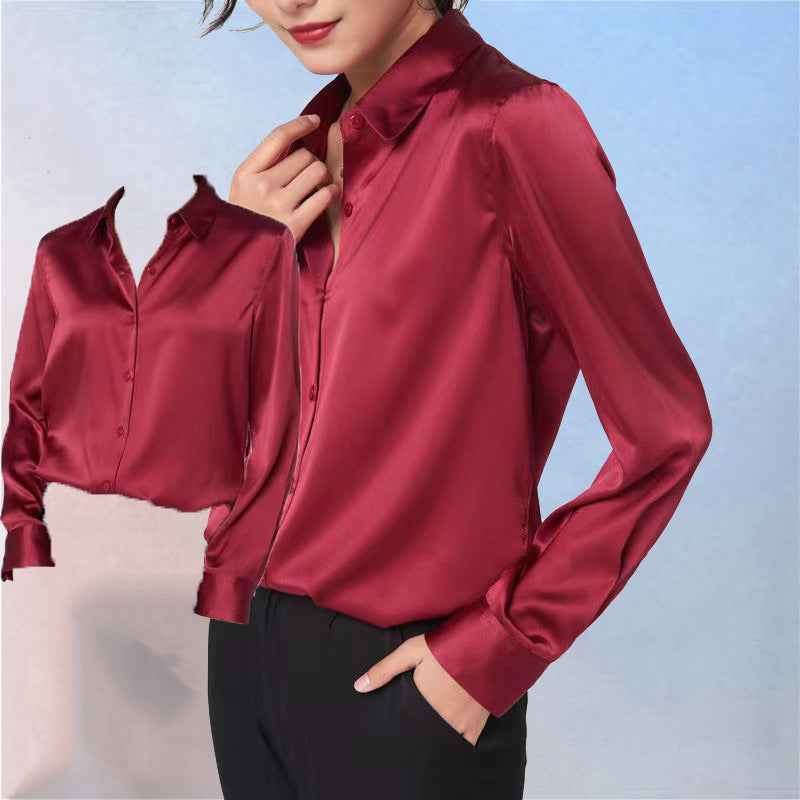 Pearl White Satin Long Sleeve Blouse - Elegant, Versatile Office Wear