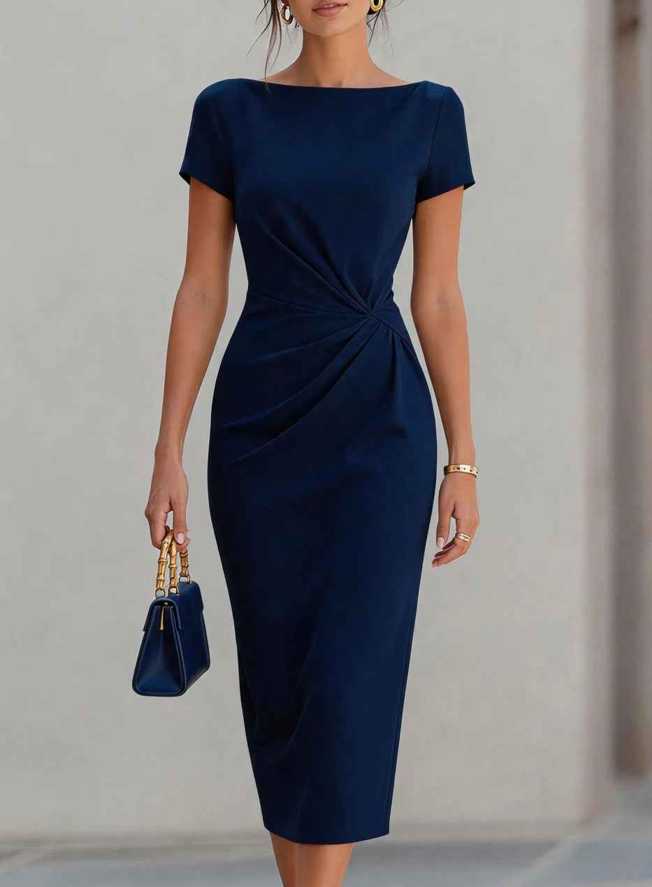 Fitted Waist Pleated Midi Dress for Women, Slim Fit Style