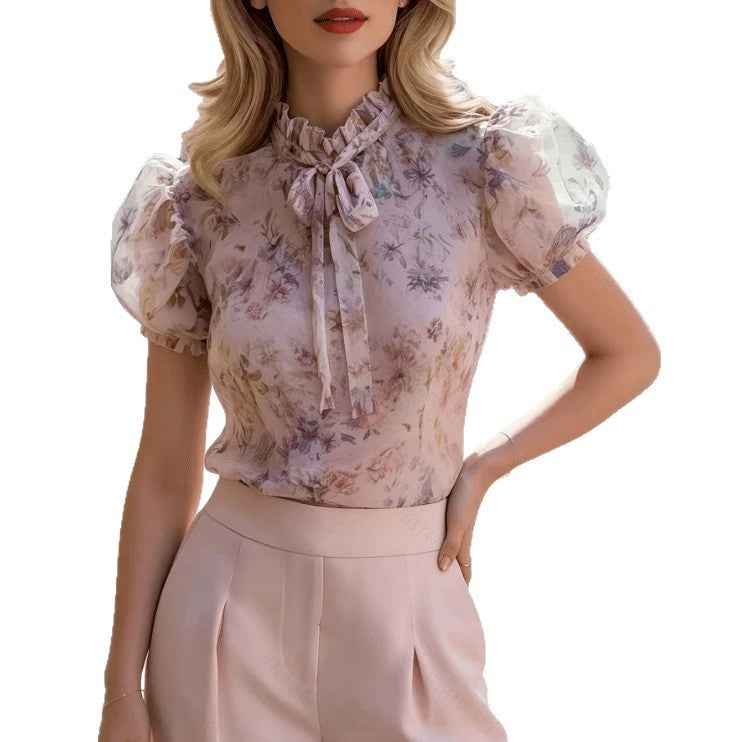 Floral Chiffon Blouse with Lace Trim - Women's Sweet Style Summer Top