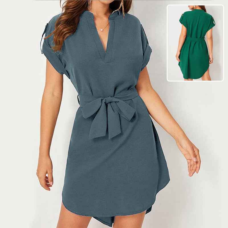 V-Neck Summer Dress With Belt & Bowknot for Women - Fashion Casual