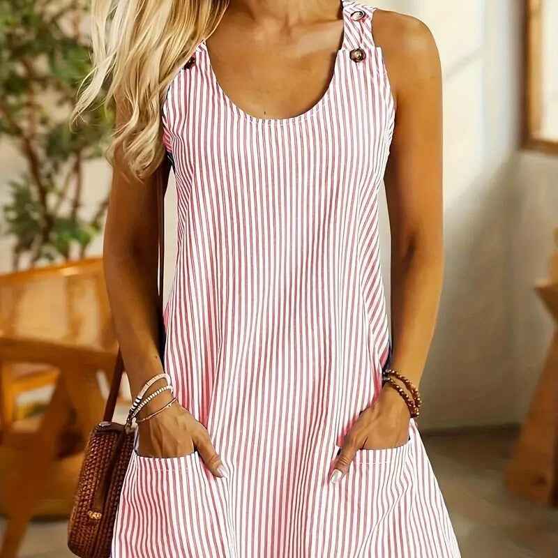 Striped Patchwork Summer Jumpsuit - Sleeveless with Pockets, Back Button, Slimming Fit for Women