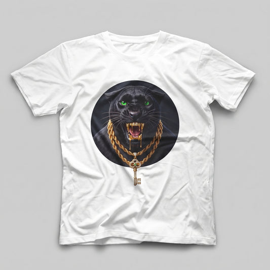 Weißes T-Shirt mit Iced-Out Panther-Grafik – Streetwear aus schwerer Baumwolle