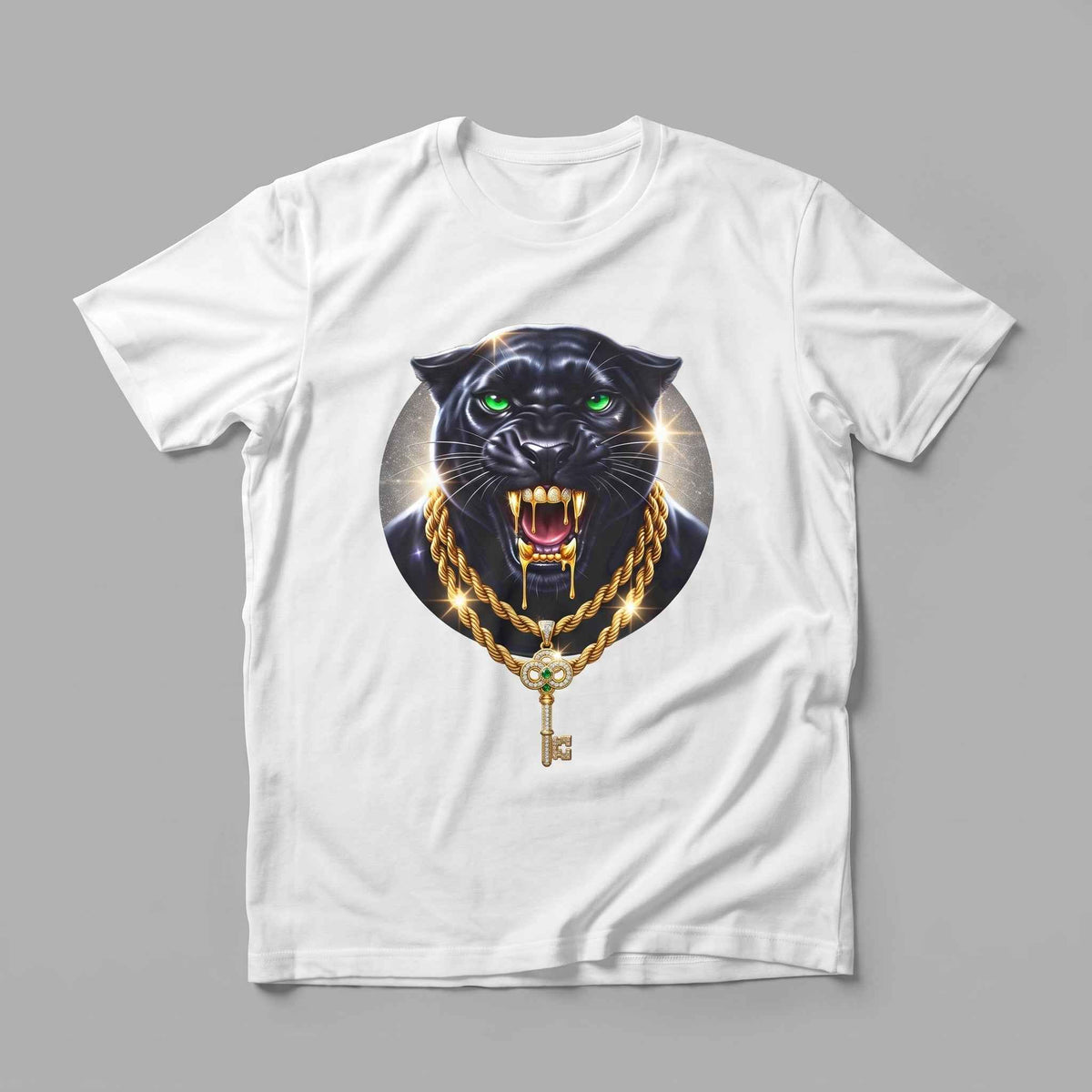 Luxury Black Panther Graphic Tee with Gold Chains & Key
