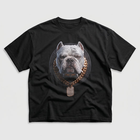 Bulldog-Ketten-Porträt-T-Shirt – Grafisches T-Shirt „Hundemarke“ für Hundeliebhaber