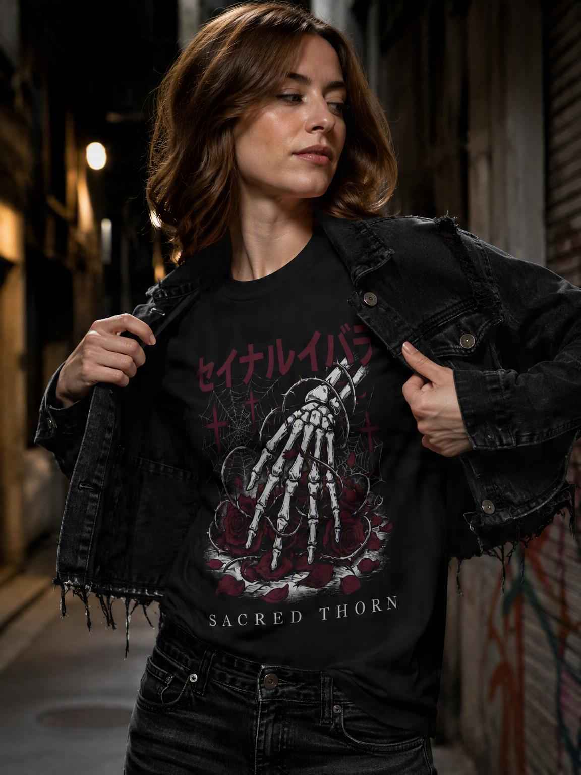 Dark Poetry Graphic Tee: Japanese Skeleton Hand Design
