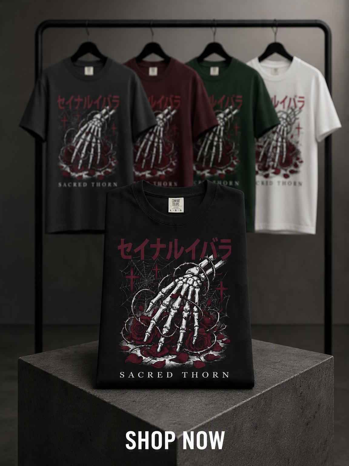 Dark Poetry Graphic Tee: Japanese Skeleton Hand Design