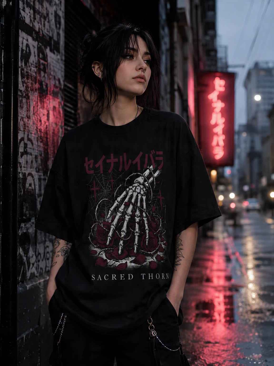 Dark Poetry Graphic Tee: Japanese Skeleton Hand Design