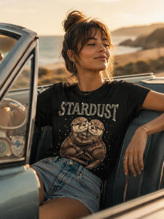 Retro Y2K Stardust Cute Otters Graphic Tee - Comfort Colors 1717 Heavyweight Glistening Rhinestone Font Aesthetic Streetwear T-Shirt
