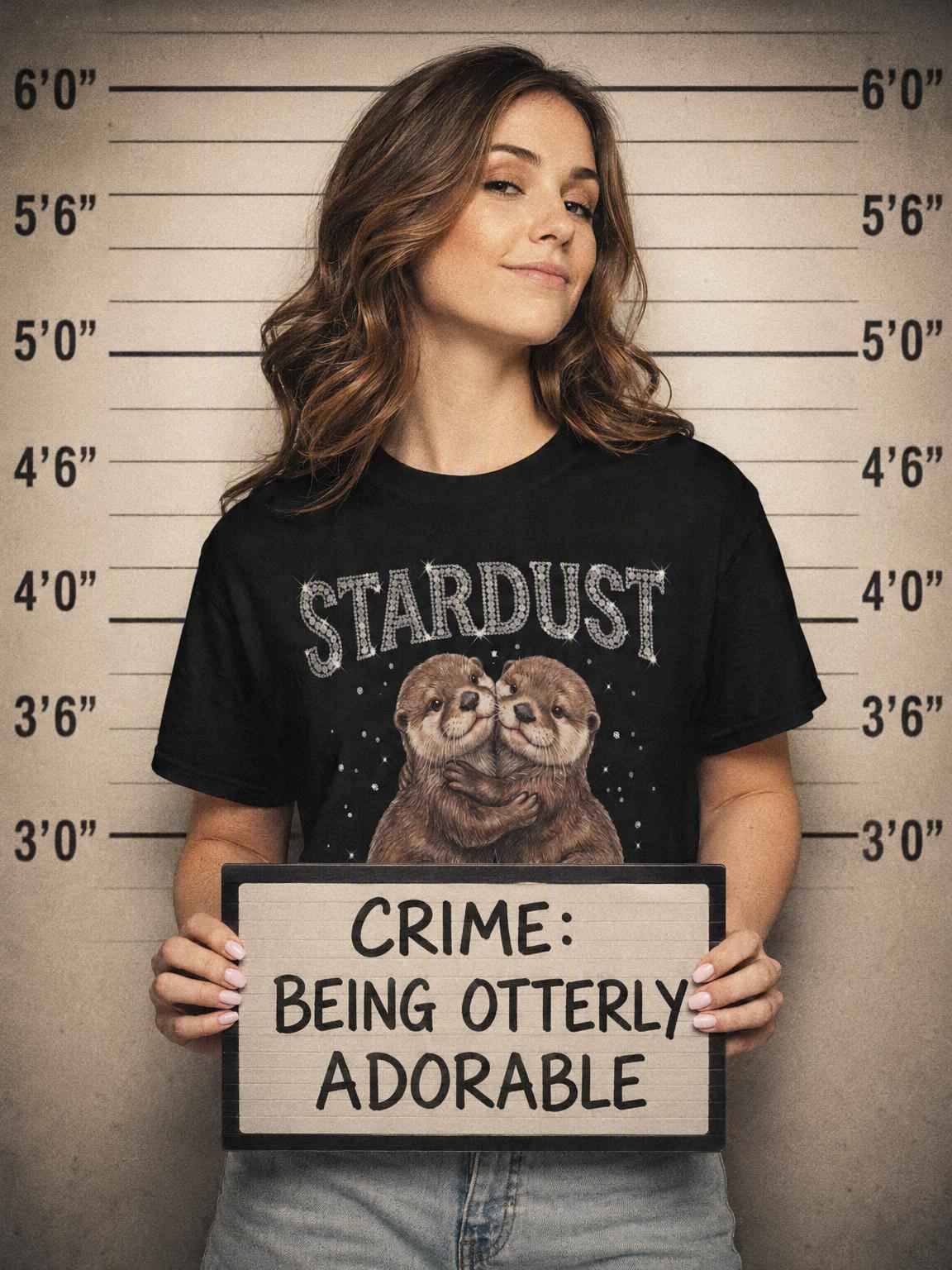 Retro Y2K Stardust Cute Otters Graphic Tee, Heavyweight Rhinestone Font