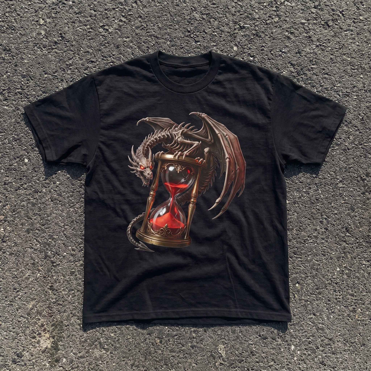 Crimson Dragon Hourglass Graphic Tee - Heavyweight Cotton Dark Fantasy Streetwear T-Shirt