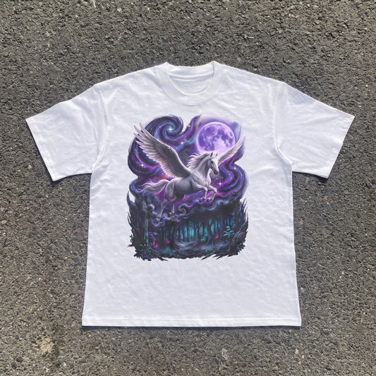 Himmlisches Pegasus Galaxie Grafik-T-Shirt - Kosmischer Pegasus Mond Fantasy Baumwoll-T-Shirt