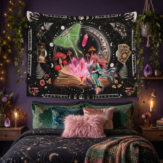 Himmlischer Hexen-Wandteppich, Cottagecore Deko, Dark Academia Deko, Ästhetische Wandkunst, Wohnheim Deko, Große Wandkunst