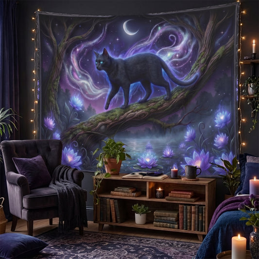 Schwarze Katze Wandteppich, Dark Academia Deko, Große Wandkunst, Ästhetische Deko für Studentenwohnheim, Schlafzimmer Deko, Einweihungsgeschenk