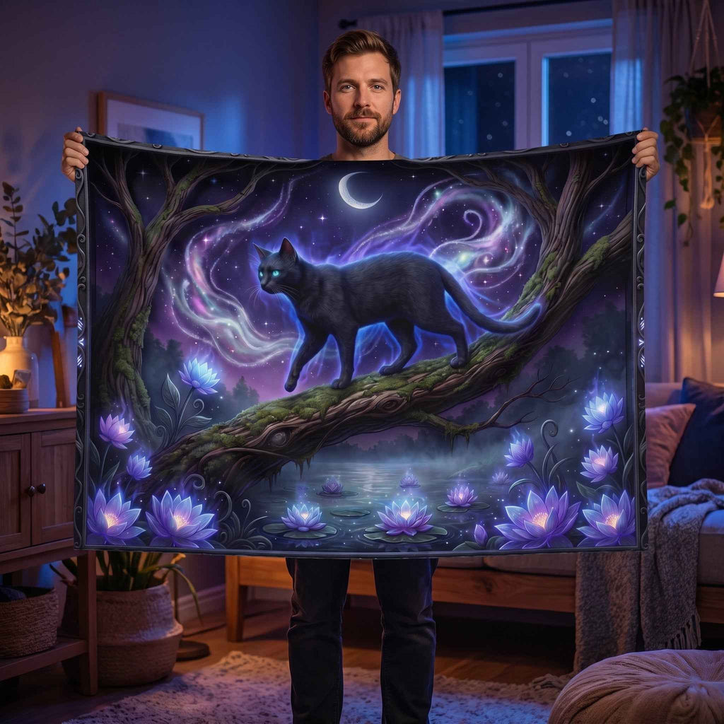Astral Black Cat Decor Fabric - Dark Academia Style