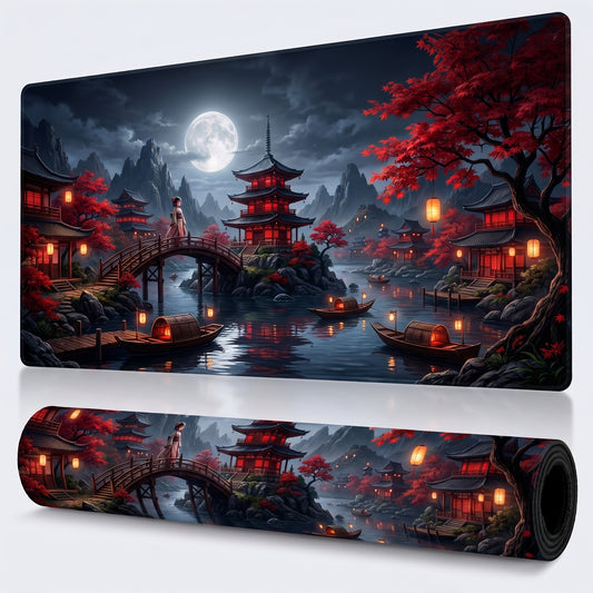 Japanische Schreibtischunterlage Ästhetik Rote Pagode - Individuelle Schreibtischunterlage XL - Dunkle Ästhetik Gaming Schreibtischunterlage - Große Mausunterlage - Personalisierte Schreibtischunterlage