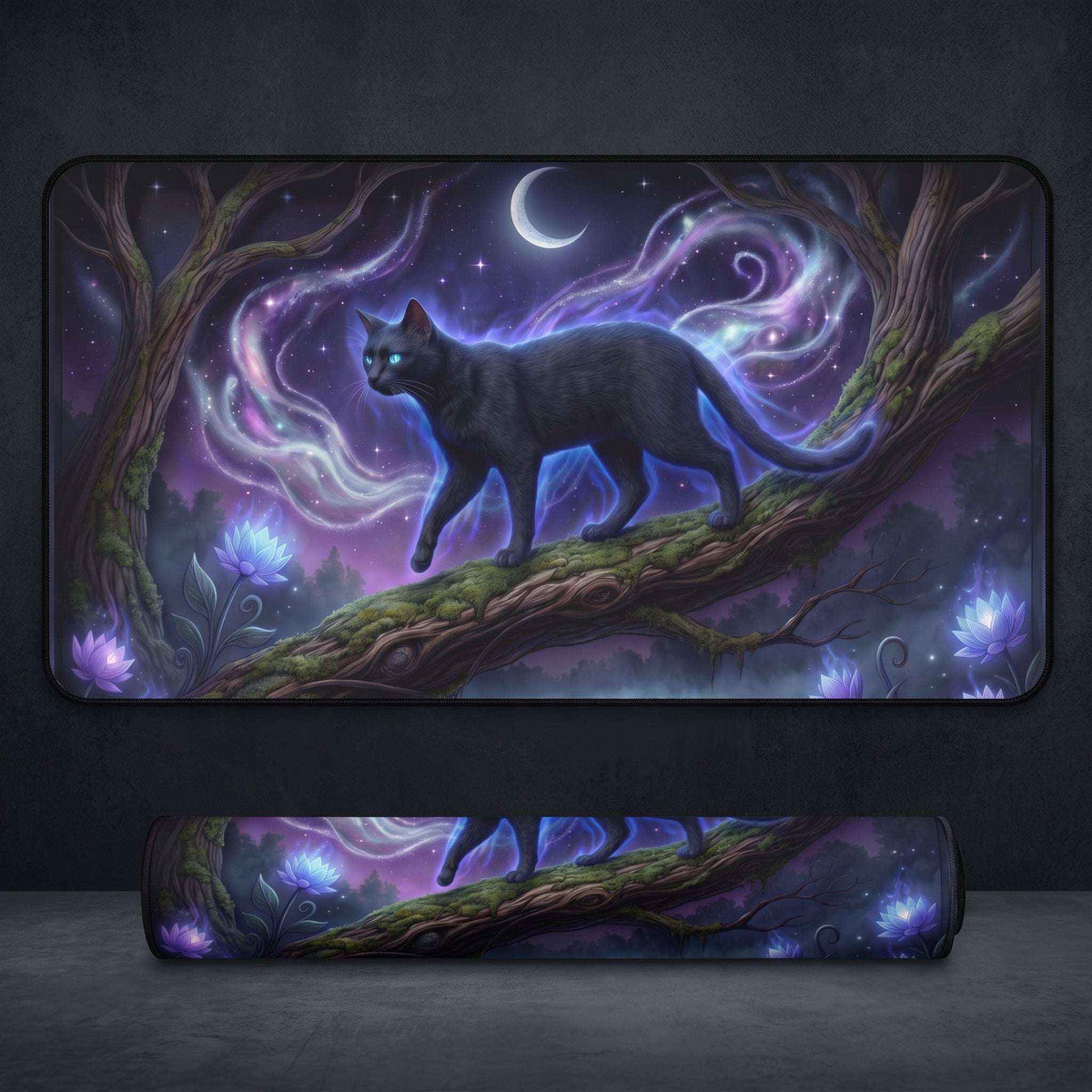 Glowing Black Cat Desk Mat - Dark Academia Gaming Keyboard Mat