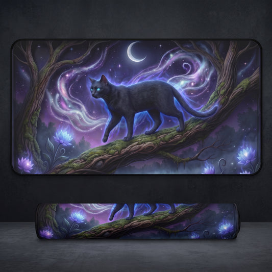 Mystische schwarze Katze Schreibtischunterlage, Dark Academia Gaming Mauspad, Himmlische Katze Tastaturunterlage, Süße Hexen-Schreibtisch-Organizer-Deko, Individuelle Schreibtischunterlage